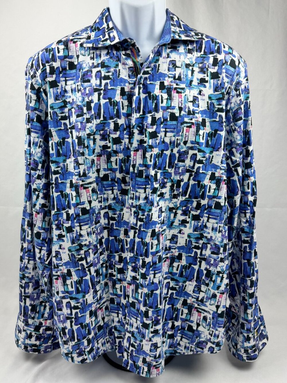 Robert Graham Men's Size XL Button Down Blue Abstract Geometric Floral Flip Cuff